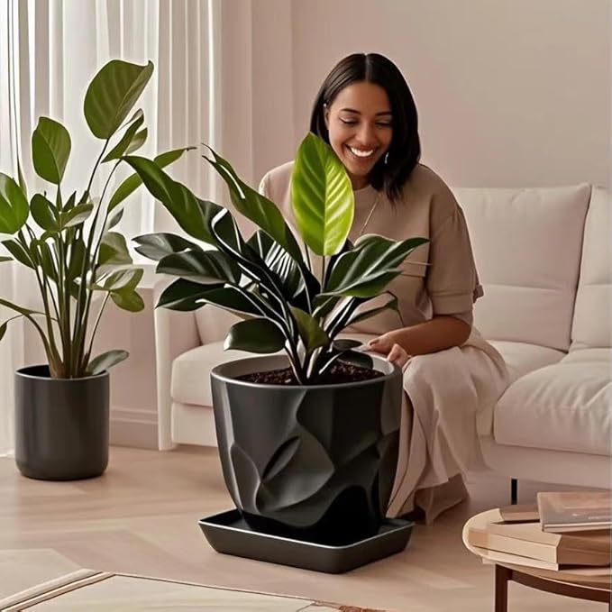 Square Ceramic Plant Saucer Tray 10 11 12 Inch Black,12.4" OD x10.8 ID x1.4 Deep, Sturdy Heavy Duty Glazed Planter Drip Flower pots with Catch Basin for Indoor Outdoor Plants(12" Black)