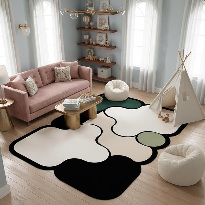 Contemporary Abstract Black Beige Green Unique Shaped Rugs for Living Dining Room Bedroom Laundry Room Hallway Dorm Carpets Non Shedding Ultra Thin Washable Reversible Durable Faux Wool Rug 6x8