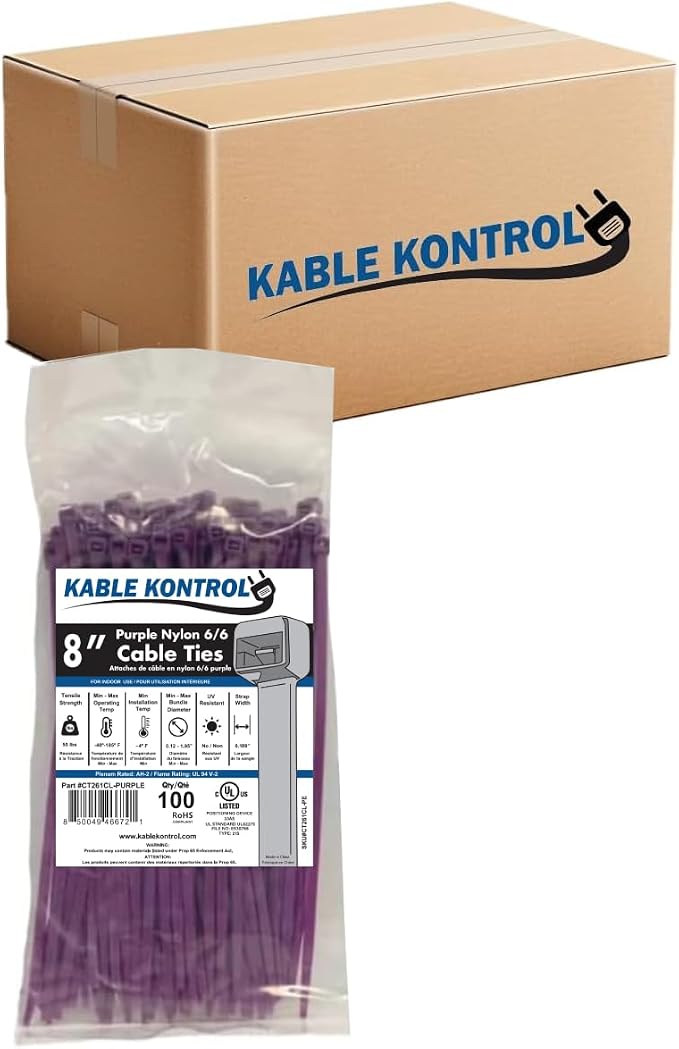 Kable Kontrol Purple Zip Ties 8 Inch 10,000 Pcs, 50 Lbs Tensile Strength, Bulk Pack, Self-locking Nylon Colored Cable Ties Wire Wraps for Indoor or Outdoor Use