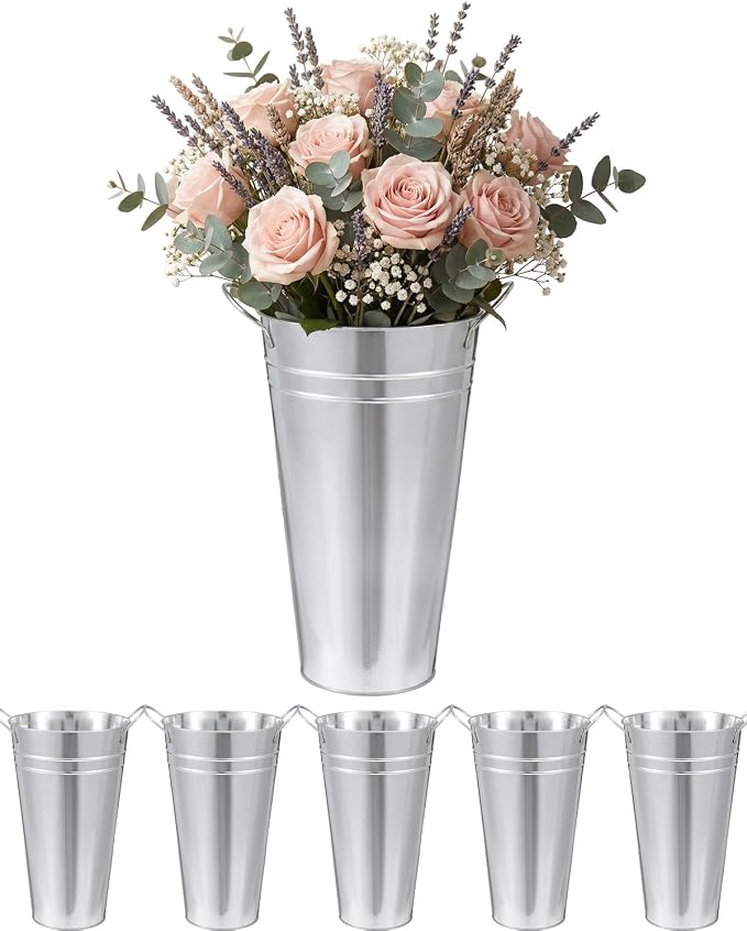 Flower Bucket for Flower Bar, 6 Pcs 10.2 Inch Metal Vases with Handles, Leak-Proof Galvanized French Buckets for Wedding Centerpieces, Farmhouse Party & Rustic Home Decor