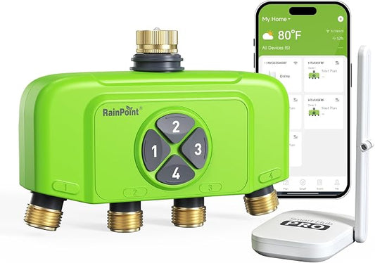 RAINPOINT WiFi 4 Zone Smart Sprinkler Timer, Outdoor Garden Hose Water Timer with Solid Brass Inlet & Outlet, Custom Irrigation Programs via App, Voice Control