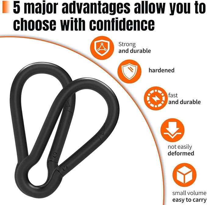 Heavy-Duty Carabiner Clip 1.57"–5.5", Black/Silver Spring Snap Hook, Quick Link Keychain Clip for Keys, Swing Set, Camping, Fishing, Hiking & Traveling (120–1350 lbs)
