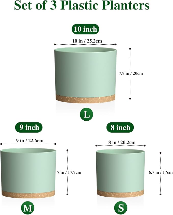 Plant Pots, 10/9/8 Inch 3 Pack Cylindrical Flower Pots with Drainage Holes and Saucers, Plastic Planters for Outdoor Indoor Plants,Green Brown
