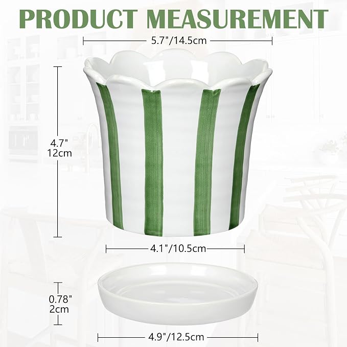 Set of 2 Flower Planter, 5.8 inch Ceramic Plant Pots with Drainage Hole and Sauser, Stripe Ceramic Planters with Wavy Opening for Indoor Outdoor Home Gardening Desktop Windowsill