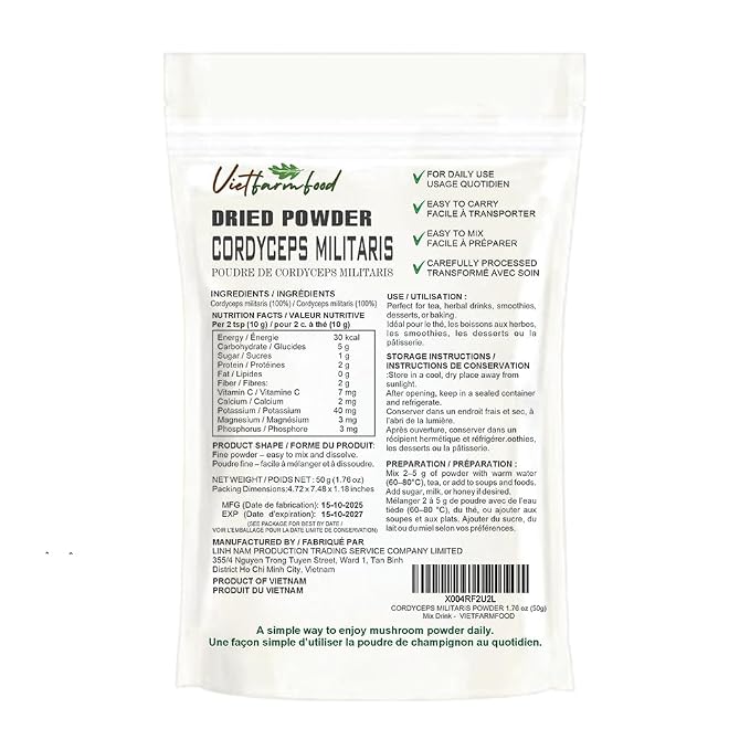 CORDYCEPS MILITARIS POWDER 2.47 oz (50g) VIETFARMFOOD: Pure freeze-dried vegetable powder, made from real vegetables with no added sugar. Perfect for daily nutrition to keep your body full of vitality
