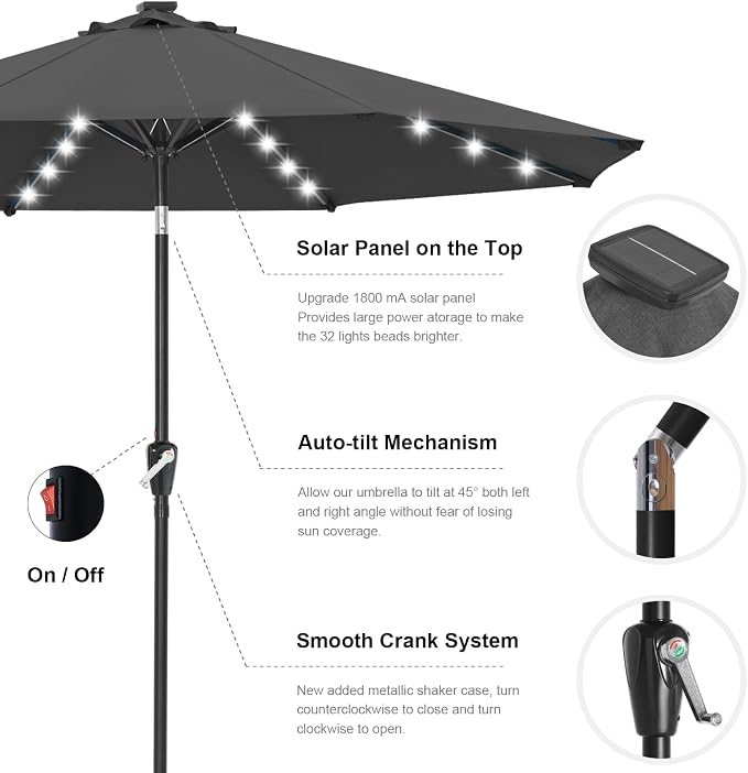 ABCCANOPY Durable Solar Led Patio Umbrellas with 32LED Lights 9FT (Dark Gray)