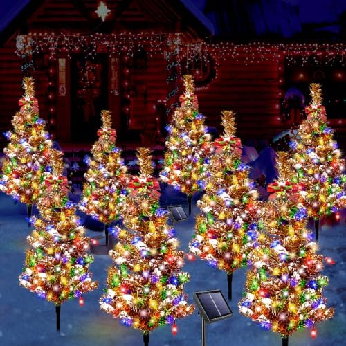 8 Pack Solar Christmas Trees Outdoor 160 LED Multicolor Lights Red Bow by Unknown