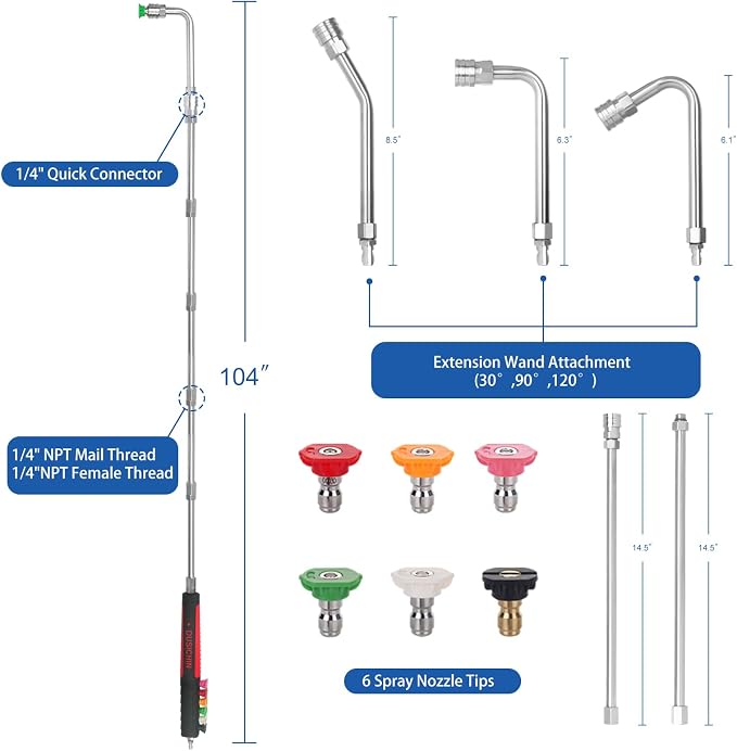 DUSICHIN Pressure Washer Extension Wand Gutter Cleaning 8 FT Garden Hose Adapter, Upgarded Soft Handle 6 Nozzle Tips 3 Curved Rod for Gutter, 1/4" M22-14mm Fitting 3/4" GHT Connector DUS2612