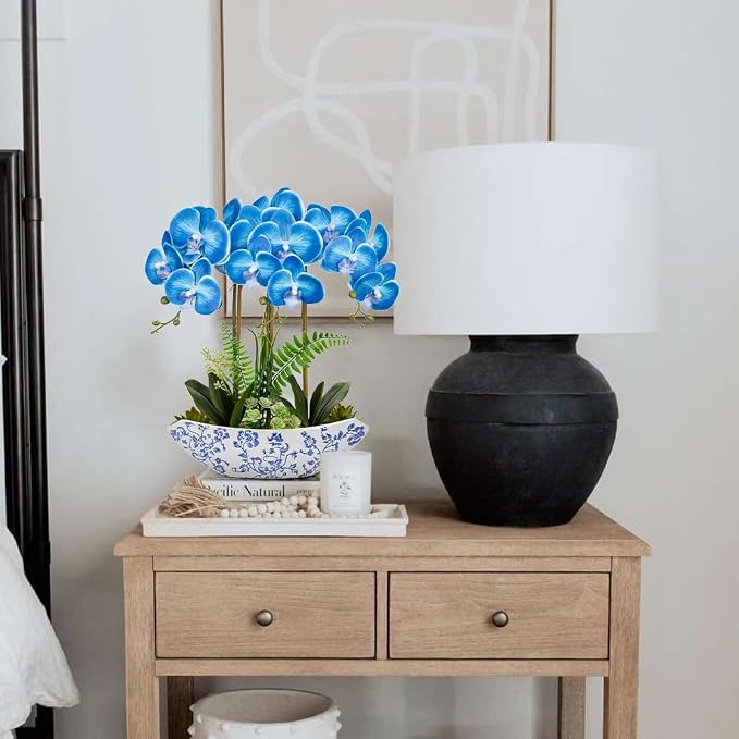 Briful Blue Orchid Artificial Flowers 18in Fake Orchid Silk Flowers with Blue and White Ceramic Pot Faux Orchid Arrangement for Home Office Room Dining Table Centerpiece Modern Decor