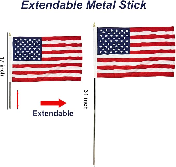 TOPFLAGS 12x18 Small American Flag on Stick 12 Pack Mini US Flags 12x18 Inch Metal Handheld Pole for Outside 4th of July Memorial Day USA 250th Anniversary Patriotic Decorations