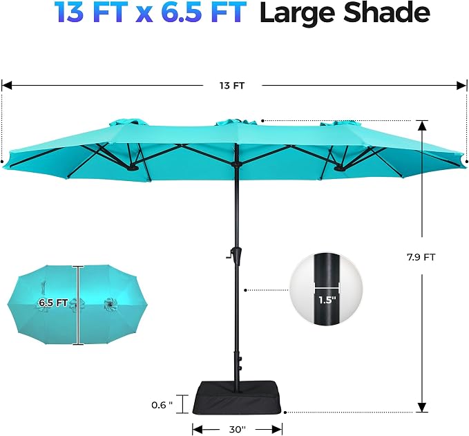 SUPERJARE 13FT Outdoor Patio Umbrella with Base Included, Double Sided Pool Umbrellas with Fade Resistant Canopy, Large Table Umbrella for Deck, Market, Backyard - Light Blue