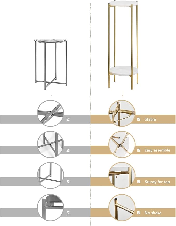 Gold Plant Stand Indoor Tall - 2 Tier White Marble Top Side Table, 29.5 Inch Modern Round Metal End Table for Living Room Corner, Small Bedside Tables for Entryway & Bedroom (11x11, Gold)