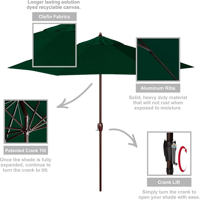 California Umbrella 9' Round Aluminum Outdoor Deck, Pool or Patio Umbrella, Crank Lift, Auto Tilt, Bronze Pole, Hunter Green Olefin