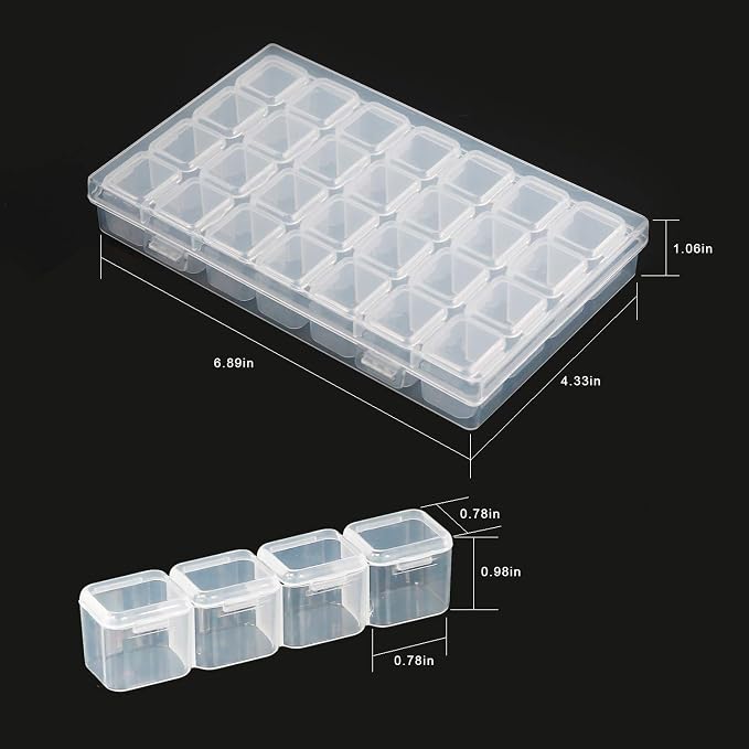 KINJOEK 4 Pack 28 Grids Diamond Paint Storage Boxes, 112 Slots Plastic Bead Organizer Containers with Labels, Movable Dividers Diamond Bead Painting Art Case for Cross Stitch Accessories Supplies