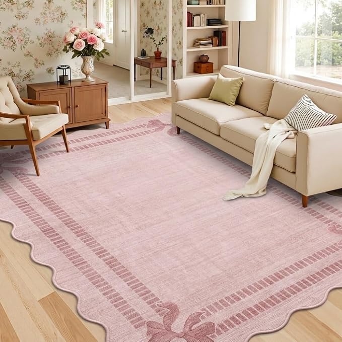 Latte&Fog Washable 6x9 Area Rugs for Living Room Scalloped Pink Rugs Girls | for Dining Kitchen Kids Nursery Playroom Guest Room Classroom Dorm Farmhouse Office, Non Slip Low Pile Soft Bow Carpets