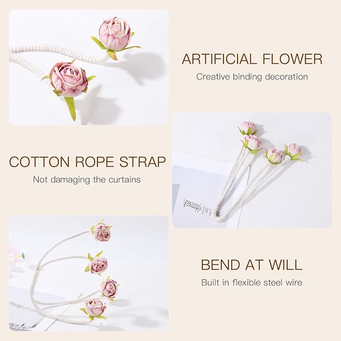 Decorative Rose Curtain Tieback with Artificial Flowers, Pink Roses on White Twisted Rope, Decorative Curtain Accessories, Elegant Window Treatment 4pcs (4)