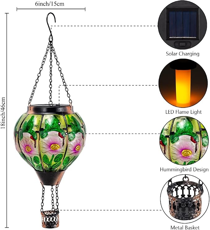 STARSOUL Hummingbird Solar Hot Air Balloon Lantern with Flickering Flame, Hanging Solar Lantern Outdoor Waterproof, Hot Air Balloon Solar Light Decorations for Garden Yard Lawn Porch Porch Backyard