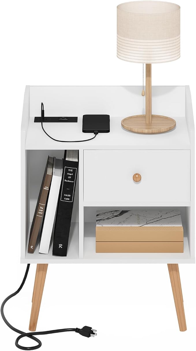 Furinno Claude Side Table, Mid Century End Table with Charging Station, Wooden Legs Night Stand, Bedside Table with USB and Type-C Port, for Living Room, Bedroom, White