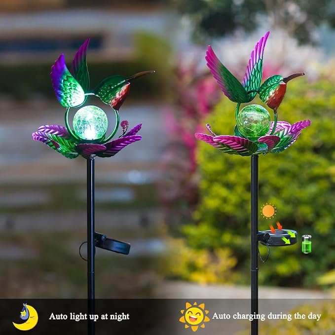 Solar Wind Spinners Outdoor,Green Hummingbird Garden Wind Spinner for Yard Art Lights,Waterproof LED Cracked Glass Ball Pinwheel for Outdoor Yard Lawn Patio Decorations
