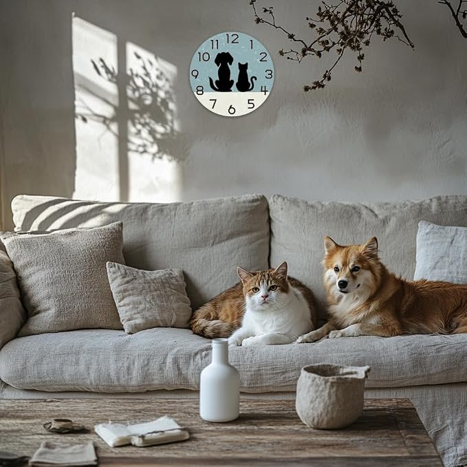 CHGCRAFT Cats and Dogs Wall Clock 12 Inch Battery Operated Wall Clock Non Ticking Silent Decorative Clock for Office Bedroom Home Decor