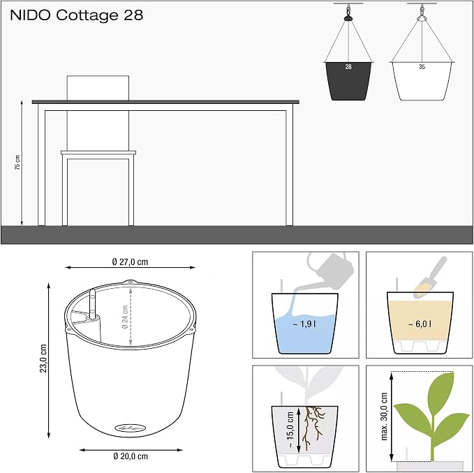 Lechuza Nido Cottage 28 White, Self-Watering Hanging Planter, D10.6 H9.1 in