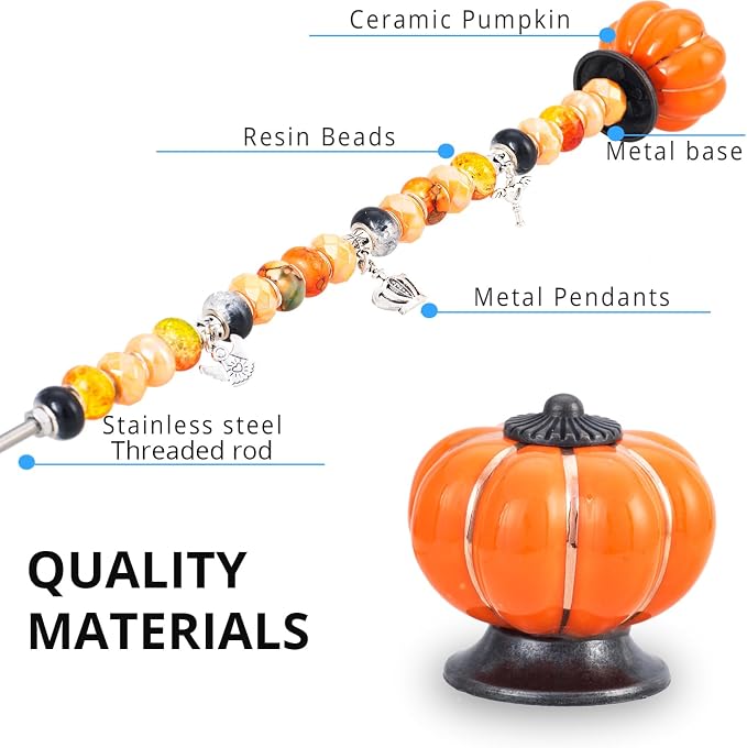 Prefdo DIY Fairy Wand Garden Stake - Autumn Pumpkin 4-Pack | 4 Toppers, 4 Rods, 80 Beads, 12 Silver Pendants. Outdoor Décor for Halloween Fall Christmas. DIY fairy wand or plant stake.