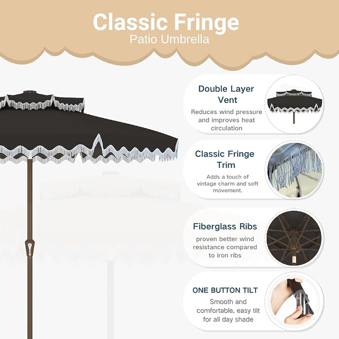 Patiokingdom 9FT Patio Umbrella with Fringe,Tassel Umbrella UPF 50+ & Push-Button Tilt,Rust-Resistant Fiberglass Frame for Pool,Garden,Backyard,Yard (Black)