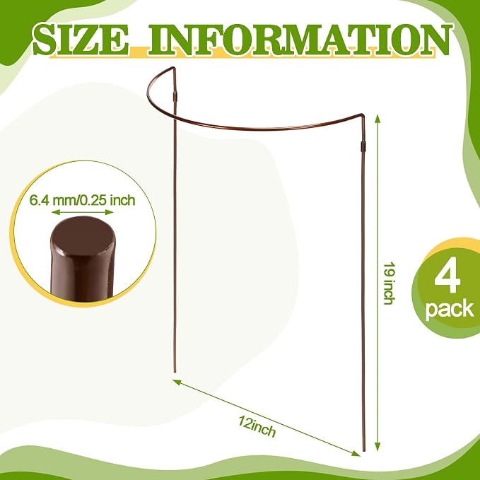 Vercraft 4 Pack 12 x 19 Inch Half Round Plant Support Stakes 1/4 Inch Heavy Duty Rustproof Metal Plant Cage, Weather Resistant Half Circle Garden Border Rings for Peony Hydrangea Rose Outdoor Flowers
