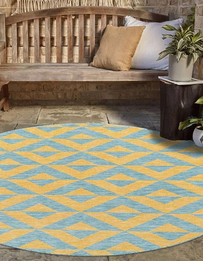 Unique Loom Unique Loom Outdoor Collection Area Rug - Napa (3' 3' Round, Yellow and Aqua/Yellow)