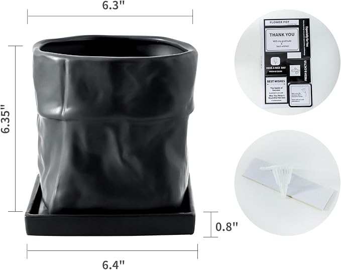 Nihow 6 Inch Ceramic Plant Pot with Drainage & Square Saucer,Black | Bag Shape Design,Indoor & Outdoor，Living room/Office/Bedroom/Windowsill/Tabletop，Plant Lovers/Gardeners/Beginners