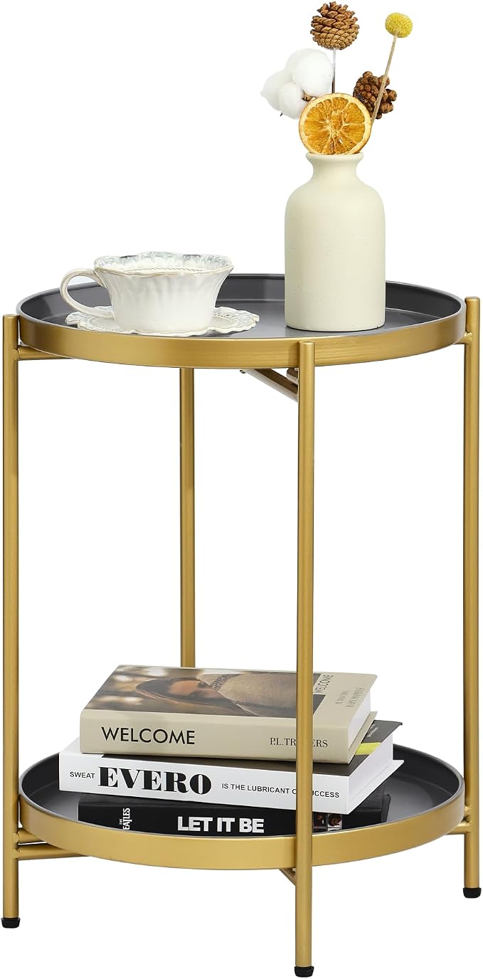 2-Tier Round End Side Table, Small Metal Side Table with Removable Tray, Folding Accent Tables for Living Room, Balcony, Nightstand for Bedroom, Outdoor Tables for Patio, Gold&Grey