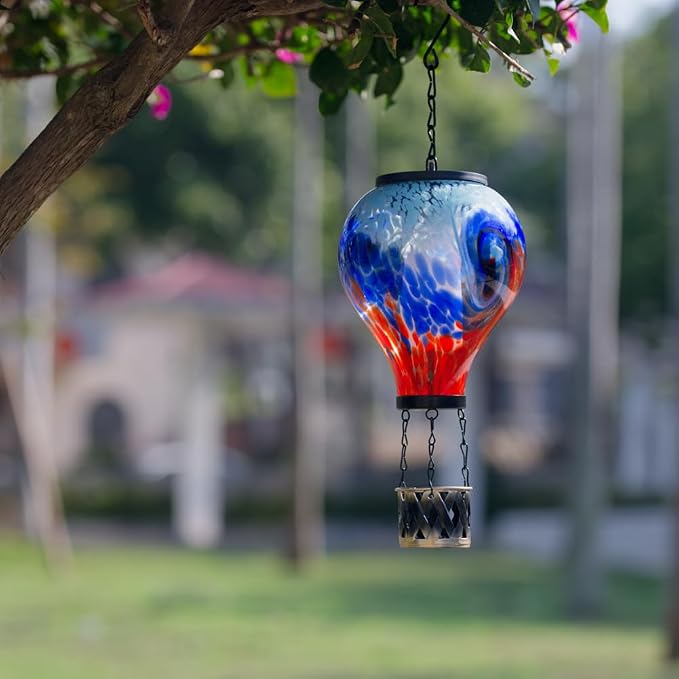 Starsoul Unique Hot Air Balloon Solar Lantern Glass Outdoor Hot Air Balloon Solar Flickering Flame Light Waterproof Hanging Lantern with Big Basket for Garden Yard Patio Decor