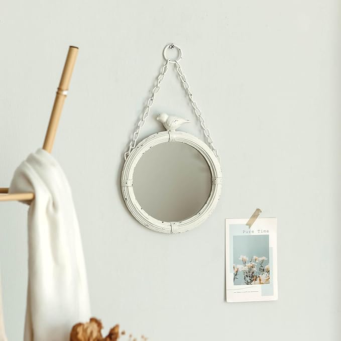 NIKKY HOME 6.7 Inch Decorative Small Hanging Mirrors Vintage Rustic Round Metal Framed Wall Mounted Mirror Decor with Bird for Bathroom Living Room Office, Rustic White