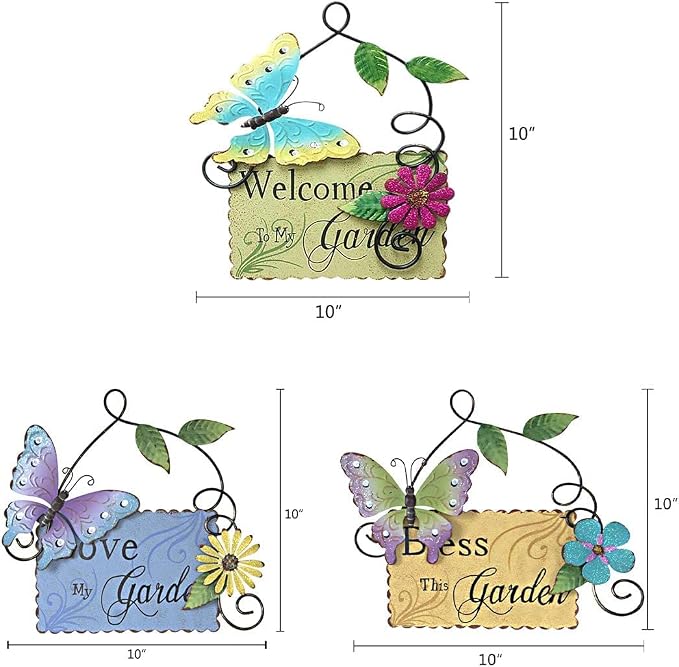 Linfevisi Metal Garden Welcome Sign Decor Rustic Hanging Plaque Decorative Garden Hanging Sign Garden Door Sign with Butterfly Daisy Outdoor Front Porch Yard 10 Inch (Blue, Green and Yellow)