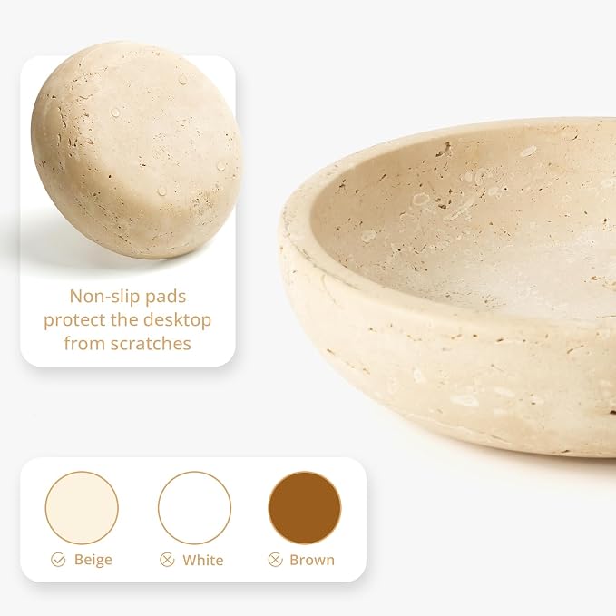 Marble Bowl Decorative, 7.8’’ Entryway Travertine Bowl For Keys Fruit Candy Jewelry, Natural Stone Bowls for Entry Table, Organic Modern Home Decor for Centerpieces, Beige