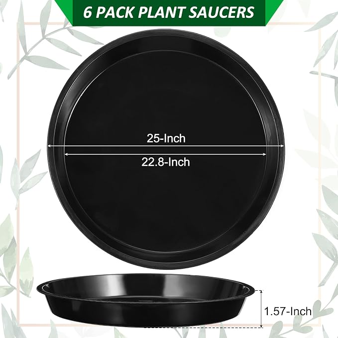 PATIKIL 6 Pack Large Plastic Plant Saucer 25 Inch Plastic Plant Tray for Pots Flower Round Plant Dish Plant Drip Trays Water Tray Pot Drainage Tray for Indoors Outdoors Garden, Black (6XL)
