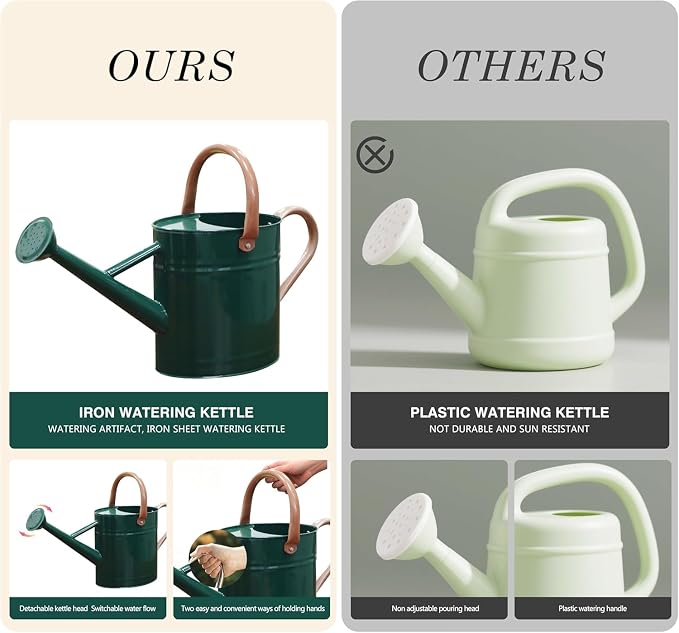 Metal Watering Can with Removable Spout, 1 Gallon Watering Cans Stainless Steel Handhold for Outdoor Indoor Garden Plants Watering (Green)