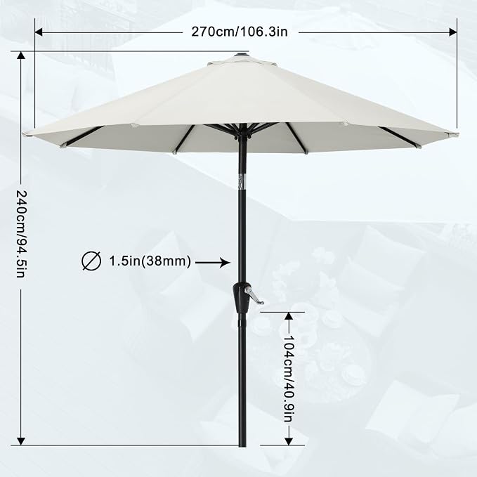 MASTERCANOPY 9FT Patio Umbrella with Push Button Tilt and Crank, Outdoor Market Umbrella with 8 Sturdy Ribs, UV Protection & Waterproof for Garden, Deck, Backyard, Pool (Light Beige)