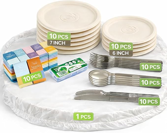 70PCS Disposable Picnic Kit for 10 – Lightweight Outdoor Dinnerware Set with Plates, Plastic Cutlery, Wet Wipes & Drawstring Table Cover, Portable Picnic Supplies for Park, Beach & Camping (10)