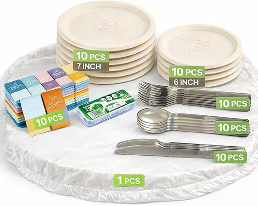 70PCS Disposable Picnic Kit for 10 – Lightweight Outdoor Dinnerware Set with Plates, Plastic Cutlery, Wet Wipes & Drawstring Table Cover, Portable Picnic Supplies for Park, Beach & Camping (10)