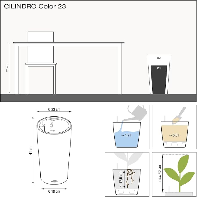 Lechuza CILINDRO Color 32 White, Self-Watering Tall Planter, D12.6 H22 in