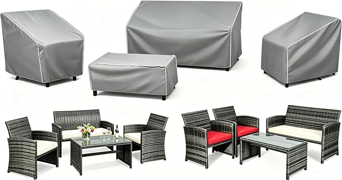 STARTWO Patio Furniture Covers 4 Piece Set, Heavy Duty Waterproof Outdoor Furniture Cover for Rattan Wicker Conversation Set, Grey+White Seams-Small