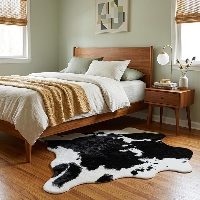 MustMat Cow Print Rug, Faux Cowhide Rug for Mid-Century Modern 4'7''×5'3'' | Black & White, Fits Living Rooms, Bedrooms. Matches Industrial & Minimalist Decor, Great For Holiday & Birthday Use