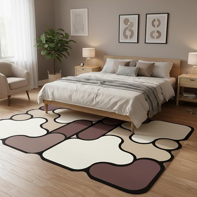 Unique Splicing Geometric Pattern Funky Shaped Rug 5x7 Modern Abstract Beige Brown Khaki Faux Wool Thin Comfort Durable Rugs for Bedroom Diningroom Dorm Farmhouse Living Room Art Decor Mats