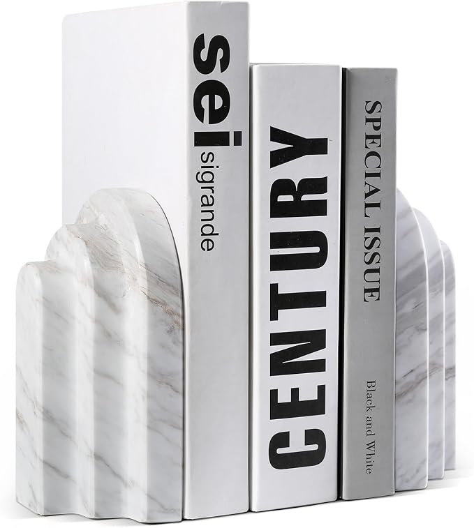 Natural Marble Book Ends - Heavy Duty Bookends for Shelves - Aesthetic Layered Arch Design Stone Book Holders, Modern Office Bookshelf Stopper Decor for Books/CDs (Volakas)
