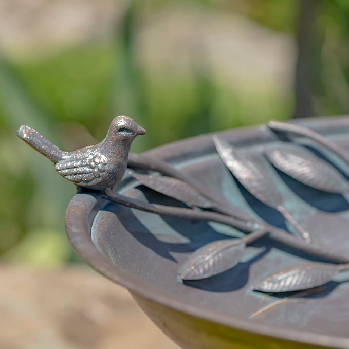 Zaer Ltd. Deep Well Made Metal Birdbath with 2 Cast Iron Birds and Leaf Decoration (Bronze)