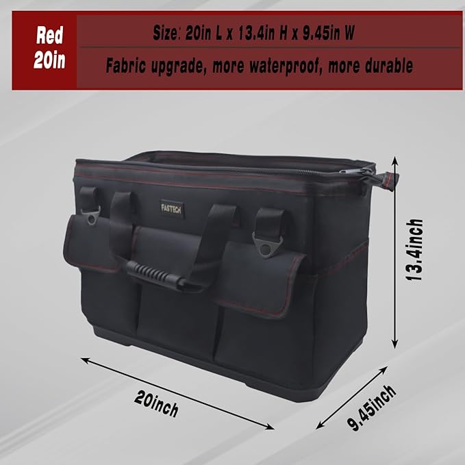 FASTECH 20-inch Heavy Duty Bottom Tools Bag with Wide Mouth for Tool Storage, Carrier and Organizer, Tool Bag for Men, Wide Mouth Tool Bags with Inside Pockets (20 Inch)