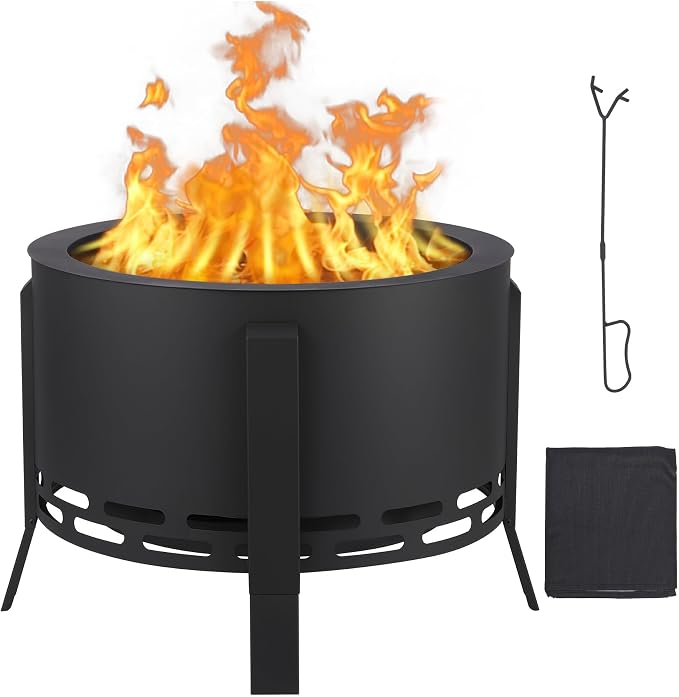 Smokeless Fire Pit 26" with Ash Tray Base - Large Steel Outdoor Fire Pits for Patio, Camping & Backyard, Includes Adjustable Feet, Fire Poker & Dust Bag