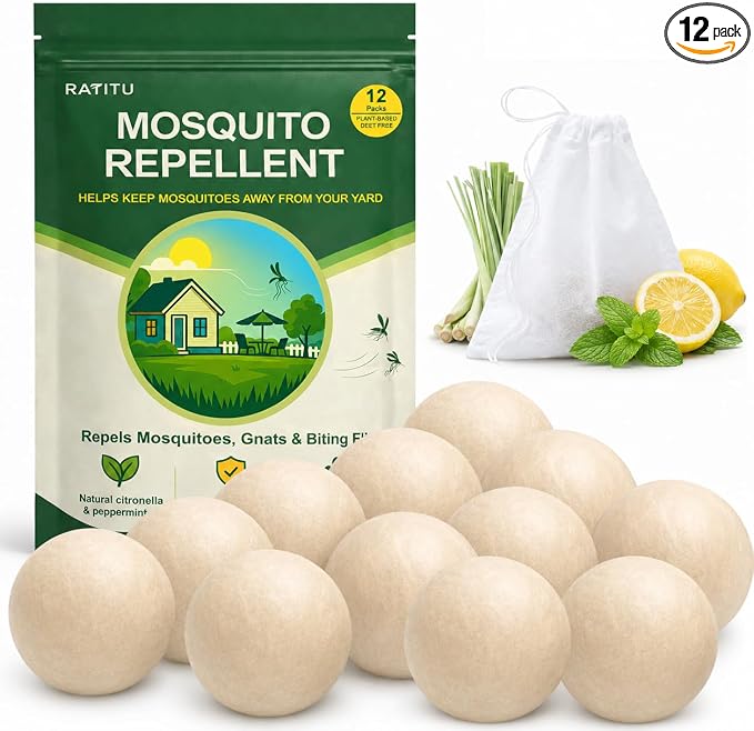 Mosquito Repellent Balls, Outdoor & Indoor Natural Mosquito Repellent for Patio, Yard, Camping, 12 Pack Peppermint Oil & Citronella Oil Mosquito Deterrent, Safe for Kids & Pets