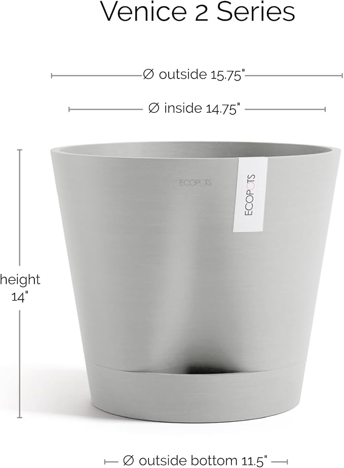 Ecopots Venice 2 Durable Modern Round Indoor/Outdoor Recycled-Based Composite Flower Pot Planter w/Water Reservoir, White Grey, 16"
